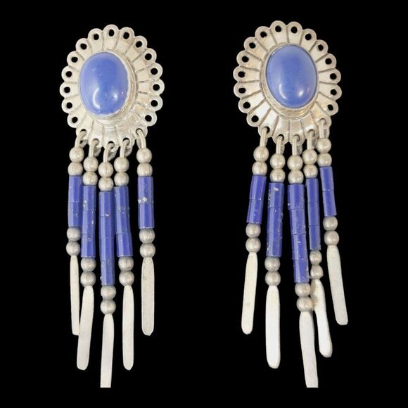 Southwest Concho Lapis Lazuli Dangle Earrings .925 Sterling Silver - Picture 1 of 6